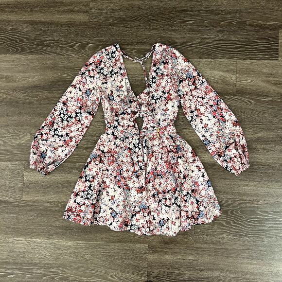 Michael Costello x REVOLVE Tabitha Dress XS Pink Floral Cutout Mini Long Sleeve - Picture 16 of 16